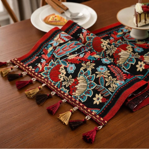 New Chinese Style Jacquard Table Runner Retro Floral Pattern With Tassels For Dining Room Coffee Table Sideboard Decor