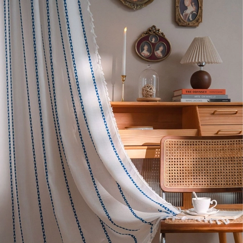 Vintage American Style Cotton Curtain With Vertical Geometric Embroidery And Tassel Edge Semi Shading Window Treatment Home Decor