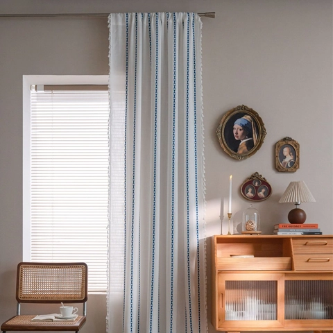 Vintage American Style Cotton Curtain With Vertical Geometric Embroidery And Tassel Edge Semi Shading Window Treatment Home Decor