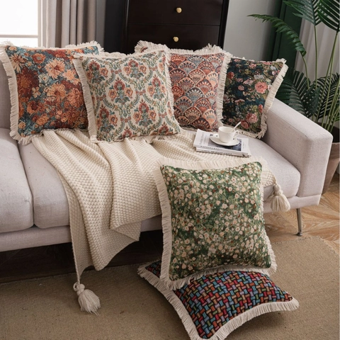 Fodera per Cuscino Jacquard Floreale Vintage Con Nappine in Misto Cotone Copricuscino Decorativo per Divano Soggiorno Casa