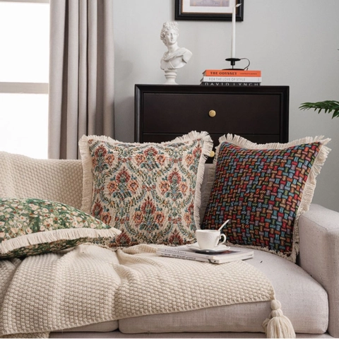 Fodera per Cuscino Jacquard Floreale Vintage Con Nappine in Misto Cotone Copricuscino Decorativo per Divano Soggiorno Casa