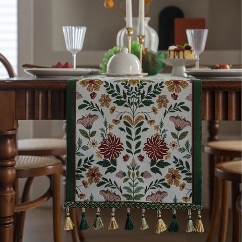 Chemin de Table Floral Pastoral Vintage Jacquard en Coton Polyester Avec Glands Tissu Décoratif Pour Table à Manger Meuble Home Decor