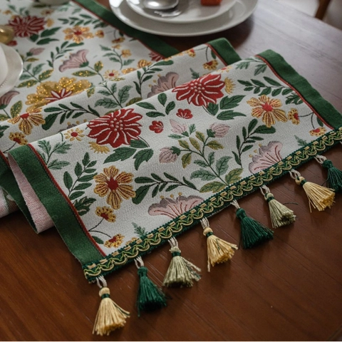 Chemin de Table Floral Pastoral Vintage Jacquard en Coton Polyester Avec Glands Tissu Décoratif Pour Table à Manger Meuble Home Decor