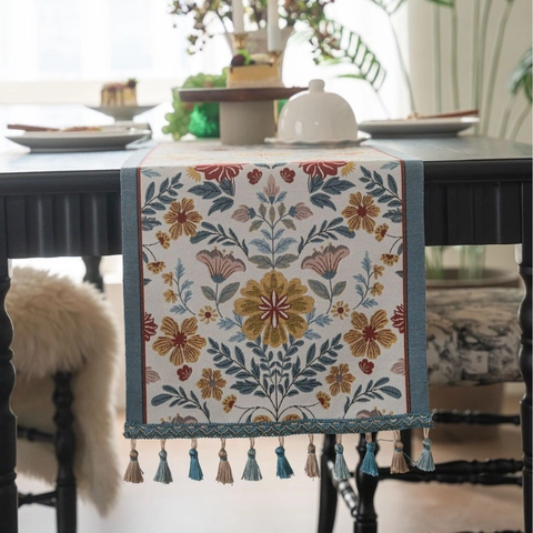 American Pastoral Floral Jacquard Table Runner With Tassels Cotton Blend Retro Morning Glory Table Cloth For Home Decoration