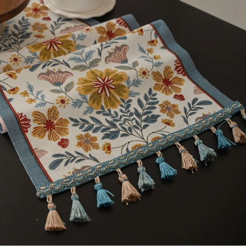 American Pastoral Floral Jacquard Table Runner With Tassels Cotton Blend Retro Morning Glory Table Cloth For Home Decoration