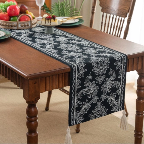 Runner da Tavola Jacquard con Nappine in Misto Cotone Vintage Damasco Floreale Decorazione per Sala da Pranzo Soggiorno