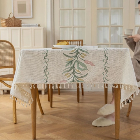 Moderne Schlicht Bestickt Tischdecke Mit Quasten Rechteckig Polyester Stoff Blumenmuster Für Esstisch Couchtisch Heim Dekoration