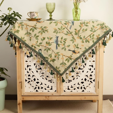 Nappe Jacquard Vintage avec Motif Oiseaux et Fleurs et Franges Beige en Mélange de Polyester et Coton Rectangulaire pour Décoration