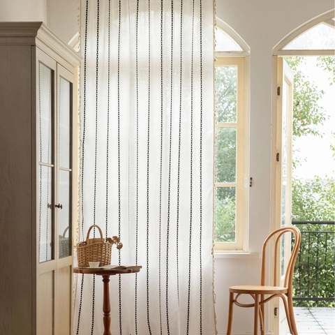 Rideau de Porte en Coton Bohémien Brodée Rayures Chaîne de Cœur Rideau de Fenêtre Avec Pompons Semi Ombrage Rideaux de Café pour Salon Chambre