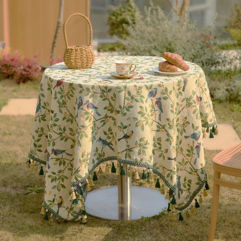 Nappe Jacquard Vintage avec Motif Oiseaux et Fleurs et Franges Beige en Mélange de Polyester et Coton Rectangulaire pour Décoration