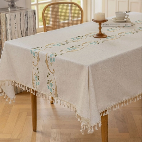 Mantel Bordado Pastoral Francés Con Borlas Rectangular Floral Fibra Sintética Cubierta de Mesa Decorativa para Hogar Cocina Comedor