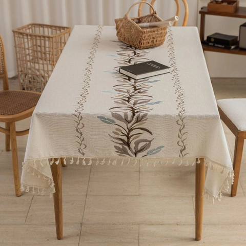 Nordic Minimalist Embroidered Rectangular Tablecloth With Tassels Botanical Floral Leaf Pattern Dustproof Decorative Table Cover