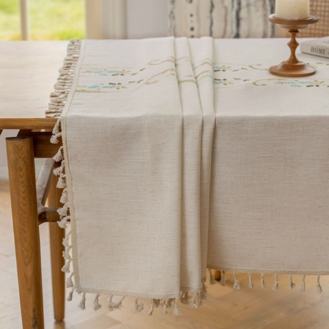 Mantel Bordado Pastoral Francés Con Borlas Rectangular Floral Fibra Sintética Cubierta de Mesa Decorativa para Hogar Cocina Comedor