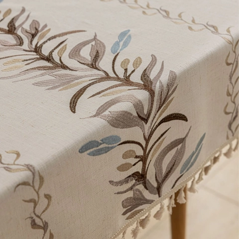 Nordic Minimalist Embroidered Rectangular Tablecloth With Tassels Botanical Floral Leaf Pattern Dustproof Decorative Table Cover