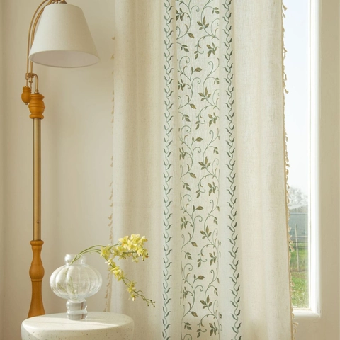 European Retro Embroidered Polyester Curtains With Tassels Semi Shading Floral Pattern Window Drapery For Bedroom Balcony