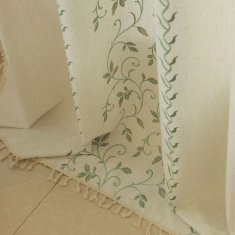 European Retro Embroidered Polyester Curtains With Tassels Semi Shading Floral Pattern Window Drapery For Bedroom Balcony