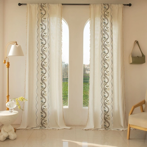 Nordic Minimalist Embroidered Polyester Curtain With Tassels Semi-Blackout Window Drapes For Bedroom Living Room Home Decor