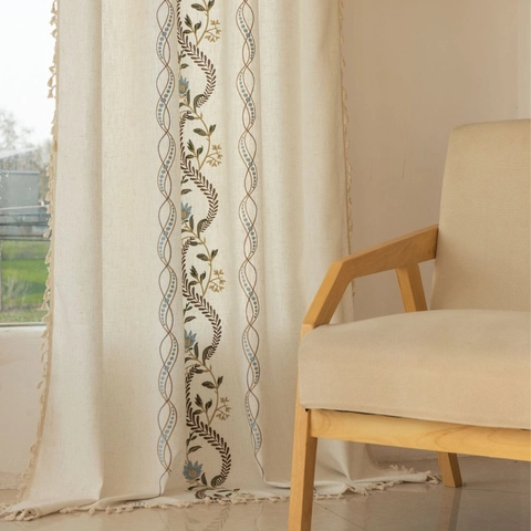 Nordic Minimalist Embroidered Polyester Curtain With Tassels Semi-Blackout Window Drapes For Bedroom Living Room Home Decor