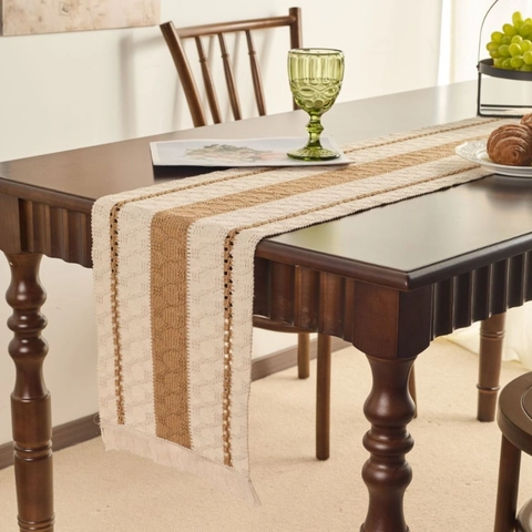 Runner da Tavola Intrecciato a Strisce Bohemien Con Nappine Retro Americano Tovaglia in Cotone Poliestere Per Arredo Tavola