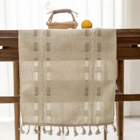 Modern Polyester Table Runner With Hollow Square Design And Tassels For Dining Room Tea Room Decoration Long Tablecloth