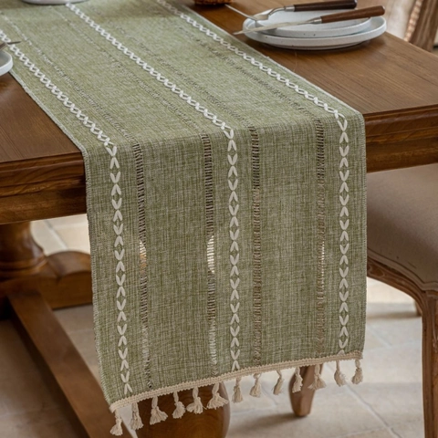 Camino de Mesa de Poliéster de Color Sólido Minimalista Moderno Con Diseño Calado y Flecos para Decoración de Mesa de Comedor