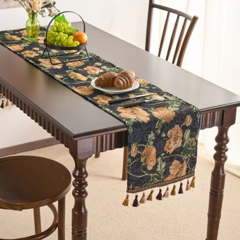 Amerikaanse Retro Jacquard Tafelrunner Met Kwastjes Botanisch Bloemenpatroon Dik Polyester Katoen Eettafel Decoratie