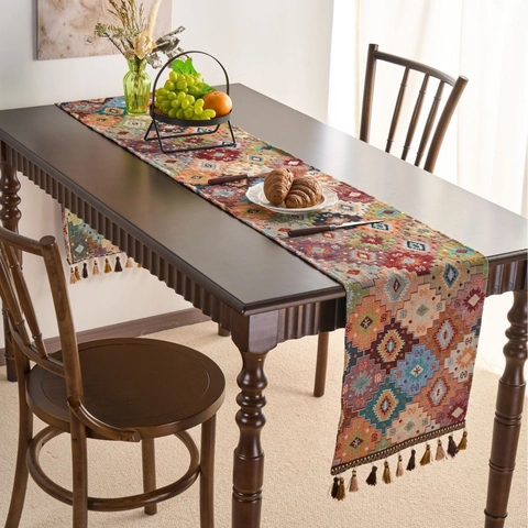 Etnische Stijl Boheems Tafelloper Geometrische Jacquard Polyester Katoen Stofdicht Tafelkleed Met Kwasten Woondecoratie