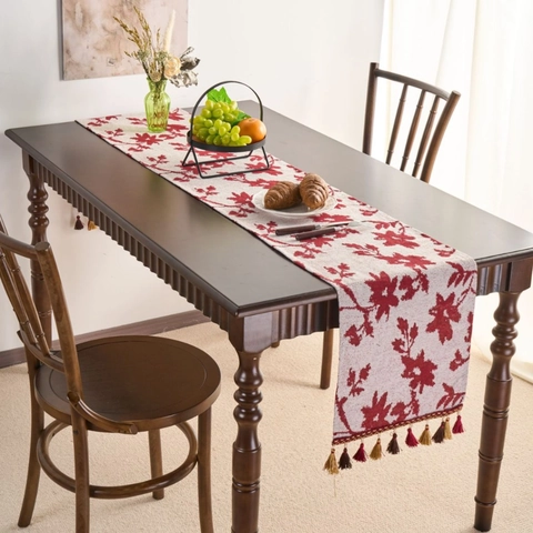 Vintage Jacquard Table Runner with Tassels Botanical Floral Polyester Cotton Long Table Cloth for Wedding Christmas Decor