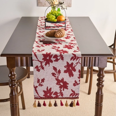 Vintage Jacquard Table Runner with Tassels Botanical Floral Polyester Cotton Long Table Cloth for Wedding Christmas Decor