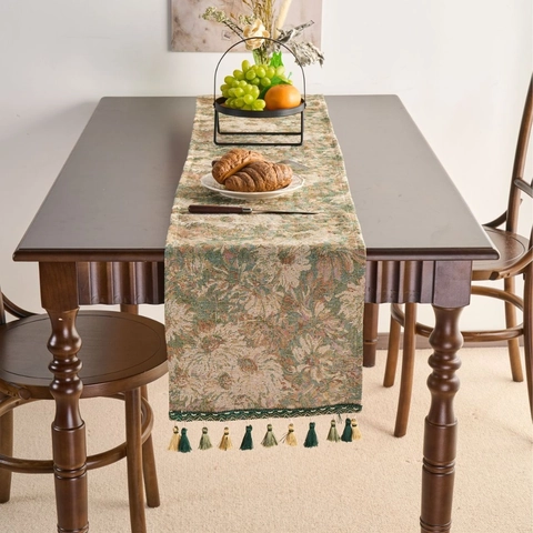 Camino de Mesa Jacquard Floral Pintura al Óleo de Monet Retro Americano Con Borlas Mezcla de Algodón Mantel Decorativo para Hogar
