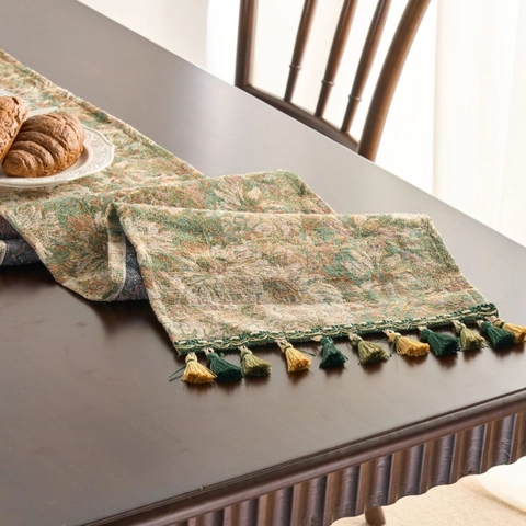 Camino de Mesa Jacquard Floral Pintura al Óleo de Monet Retro Americano Con Borlas Mezcla de Algodón Mantel Decorativo para Hogar