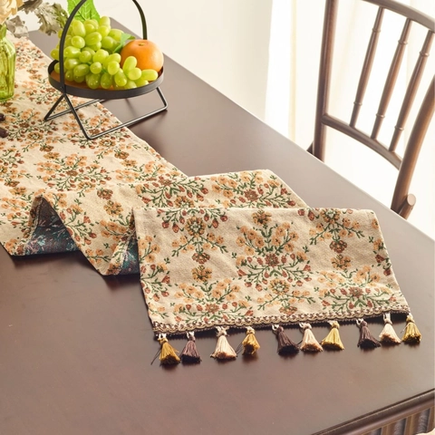 American Vintage Pastoral Table Runner Cotton Blend Jacquard Floral Geometric Pattern With Tassels Dustproof Heat Resistant Dining Room Table Runner