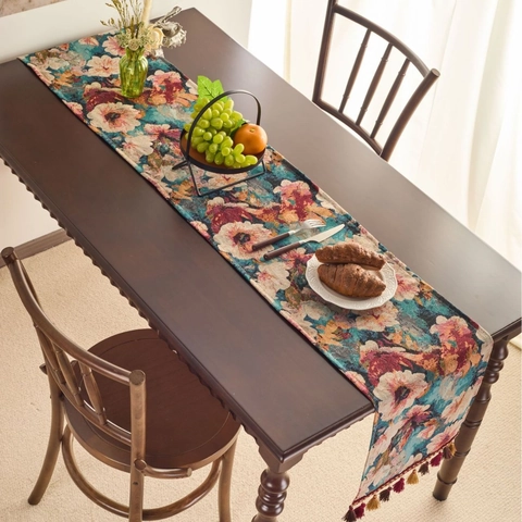 Retro American Oil Painting Floral Cotton Polyester Jacquard Table Runner With Tassels For Dining Room Table Home Decor