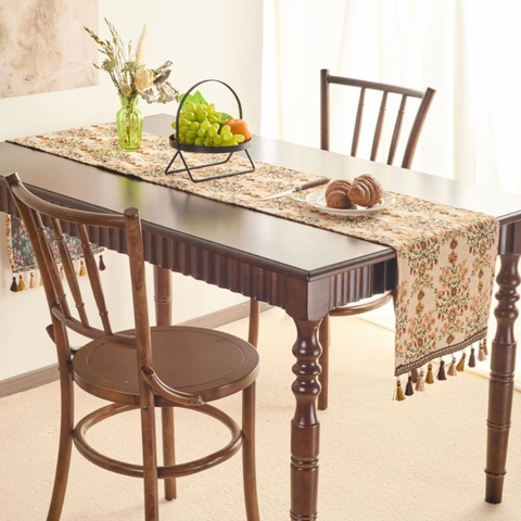 American Vintage Pastoral Table Runner Cotton Blend Jacquard Floral Geometric Pattern With Tassels Dustproof Heat Resistant Dining Room Table Runner