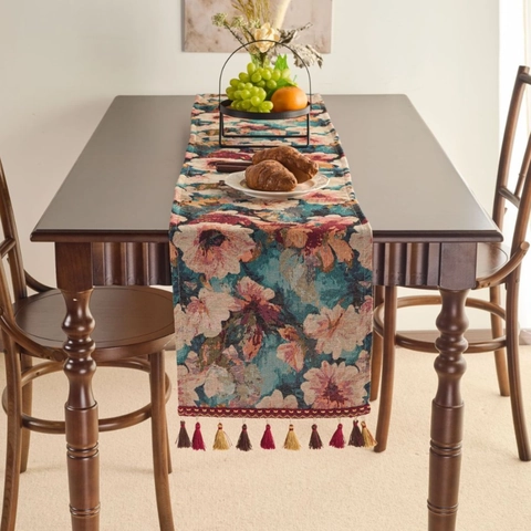 Retro American Oil Painting Floral Cotton Polyester Jacquard Table Runner With Tassels For Dining Room Table Home Decor
