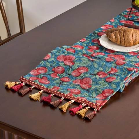 Runner da Tavola Jacquard Stile Country Americano Con Nappine Vintage Floreale Ciliegia Paisley Tessuto Policotone Runner per Decorazione Tavolo Sala da Pranzo