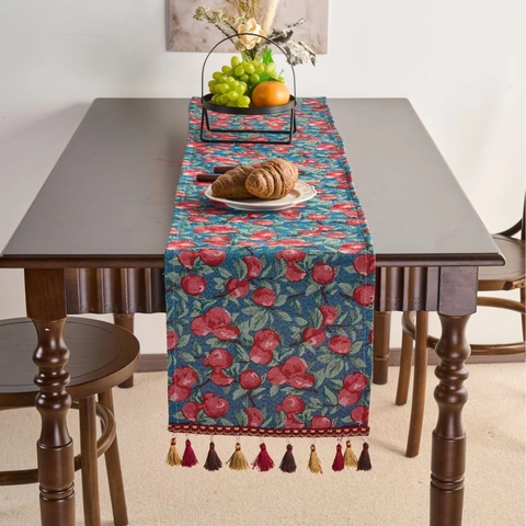 Runner da Tavola Jacquard Stile Country Americano Con Nappine Vintage Floreale Ciliegia Paisley Tessuto Policotone Runner per Decorazione Tavolo Sala da Pranzo