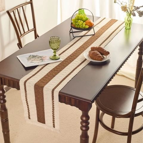 Camino de Mesa Jacquard de Mezcla de Poliéster y Algodón Estilo Nórdico Con Borlas Mantel Tejido a Rayas para Mesa de Comedor Muebles Hogar