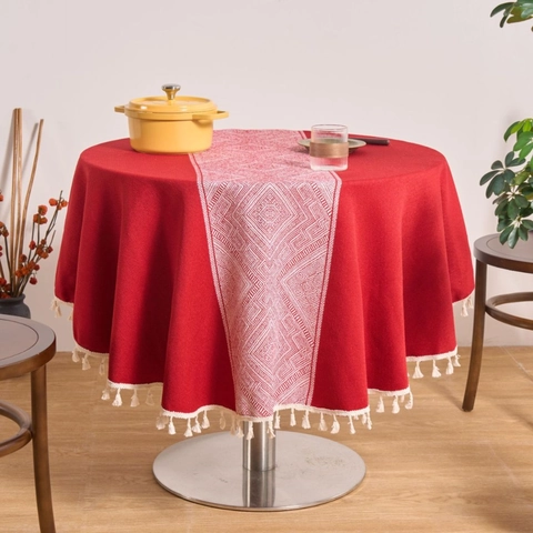 Nappe Ronde en Coton Nordique Avec Glands Imprimé Géométrique Antipoussière Couverture de Table à Manger Décoration de Mariage