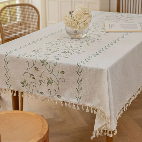 Mantel Rectangular Minimalista Moderno Bordado Floral Borlas Antipolvo Sensación de Algodón y Lino Cubierta de Mesa Decoración Hogar