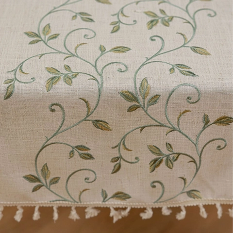 Mantel Rectangular Minimalista Moderno Bordado Floral Borlas Antipolvo Sensación de Algodón y Lino Cubierta de Mesa Decoración Hogar
