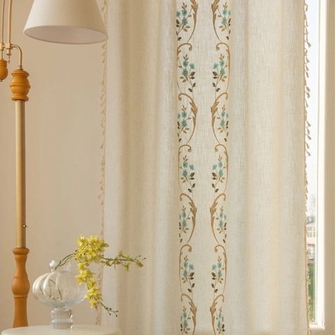 Tende Moderne Minimaliste Ricamate Con Fiori e Viti Con Nappine Semi Trasparenti in Poliestere Effetto Cotone Lino per Camera da Letto Soggiorno