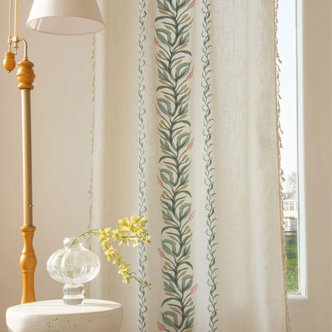 Rideaux en Texture Coton Lin Brodée Florale Avec Garniture de Glands Voilages de Fenêtre Semi-Transparents Pour Chambre à Coucher