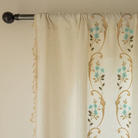 Tende Moderne Minimaliste Ricamate Con Fiori e Viti Con Nappine Semi Trasparenti in Poliestere Effetto Cotone Lino per Camera da Letto Soggiorno