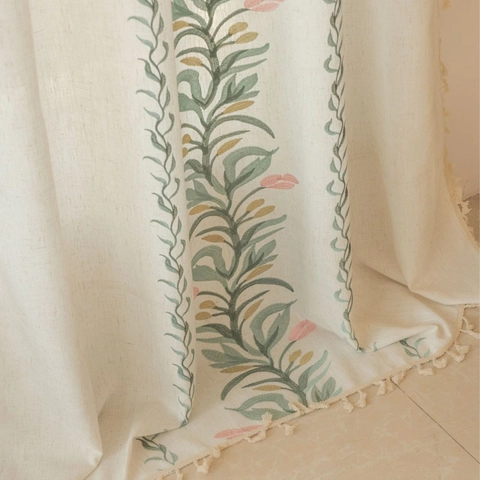 Rideaux en Texture Coton Lin Brodée Florale Avec Garniture de Glands Voilages de Fenêtre Semi-Transparents Pour Chambre à Coucher