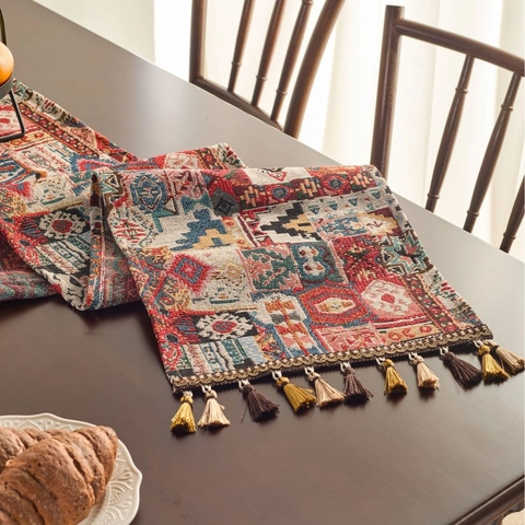 Vintage Boheemse Etnische Jacquard Tafelloper Met Kwastjes Geometrisch Bloemen Katoenmix Tafelkleed Voor Huis Decor