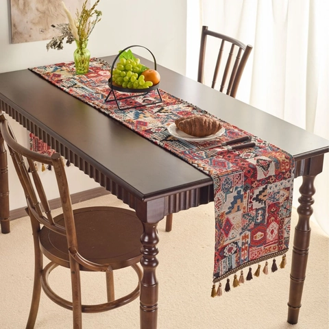 Vintage Boheemse Etnische Jacquard Tafelloper Met Kwastjes Geometrisch Bloemen Katoenmix Tafelkleed Voor Huis Decor