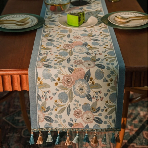 Camino de Mesa Floral Jacquard Vintage Pastoral Polialgodón Patrón Camelia Paño Decorativo Con Borlas Para Hogar Comedor Boda