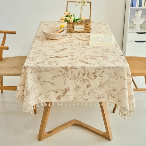 Mantel Rectangular Con Estampado Floral Vintage Y Aves Con Borlas Funda De Escritorio De Poliéster Impermeable Decoración
