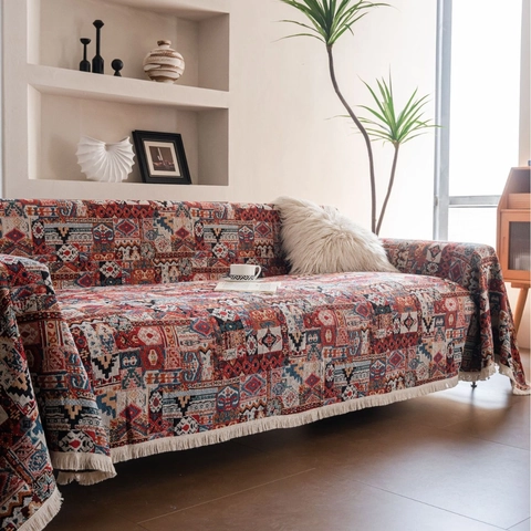 Funda de Sofá Jacquard Bohemio Manta Con Borlas Poliéster Algodón Patrón Geométrico Funda de Sofá Para Decoración De Sala De Estar